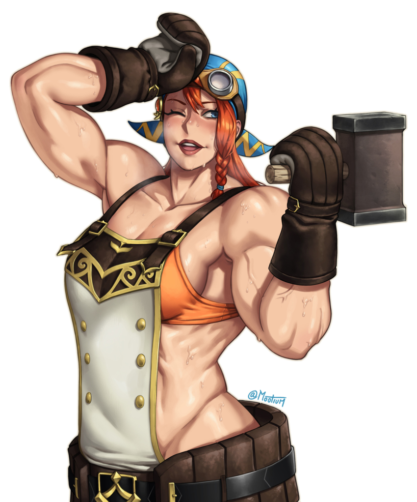 abs, alternate_muscle_size, arms_up, bandana, blacksmith, blue_bandana, braid, breasts