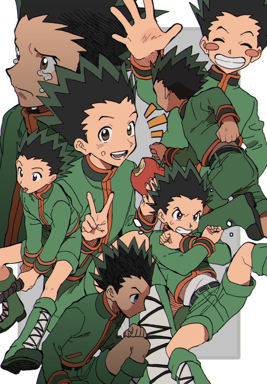 1boy, black_hair, child, commentary_request, eating, food, fruit, gon_freecss, green_footwear, green_hair, green_jacket, green_shorts, hand_wave, highres, holding, holding_food, hunter_x_hunter, jacket, looking_at_viewer, male_focus, oishi_gohan11_2, short_hair, shorts, smile, spiked_hair, tears