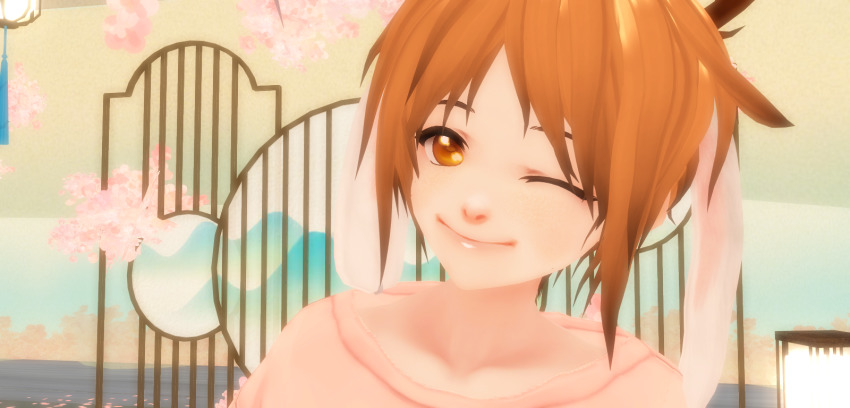 3d, animal_ears, antlers, brown_eyes, brown_hair, collar, highres, horns, jackalope, long_ears, one_eye_closed, pink_shirt, rabbit_ears, rabbit_tail, ren, ren_gao, rengao, rengaoh, shirt, short_hair, smile, usamimi, virtual_youtuber, wink