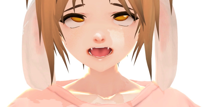 3d, ahegao, animal_ears, brown_eyes, brown_hair, fang, fangs, jackalope, long_ears, open_mouth, pink_shirt, rabbit_ears, rabbit_tail, ren, ren_gao, rengao, rengaoh, shirt, short_hair, smile, usamimi, virtual_youtuber