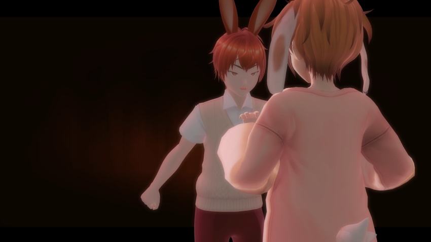 1boy, 1girl, 3d, angry, animal_ears, antlers, biting, bonni