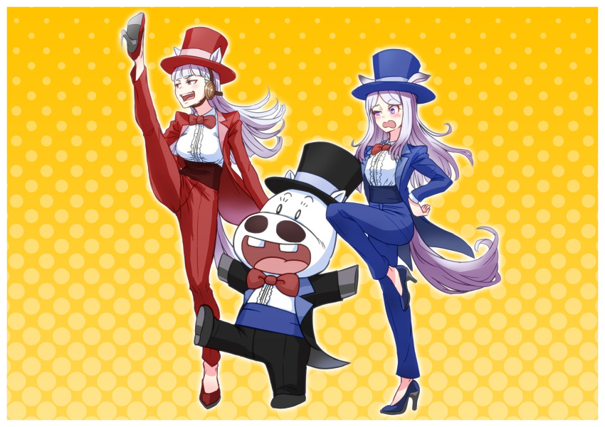 1boy, 2girls, absurdres, animal_ears, black_footwear, black_headwear, black_jacket, black_pants