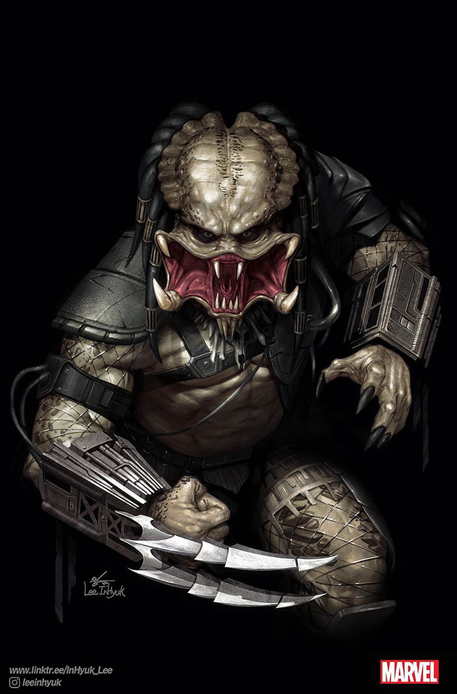 1boy, alien, arm_blade, armor, bifurcated_jaw, combistick, dreadlocks, fingernails