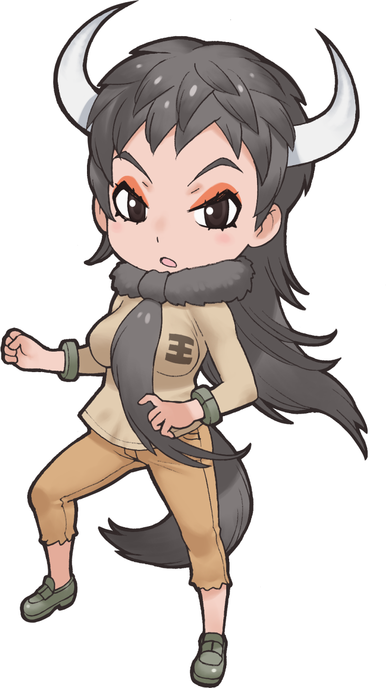 1girl, animal_costume, black_eyes, eyeshadow, game_cg, grey_hair, highres, horns, jewelry, juuou_wildebeest_(kemono_friends), kemono_friends, long_hair, looking_at_viewer, makeup, official_art, open_mouth, pants, ring, scarf, shirt, shoes, solo, standing, tachi-e, tail, transparent_background, yoshizaki_mine