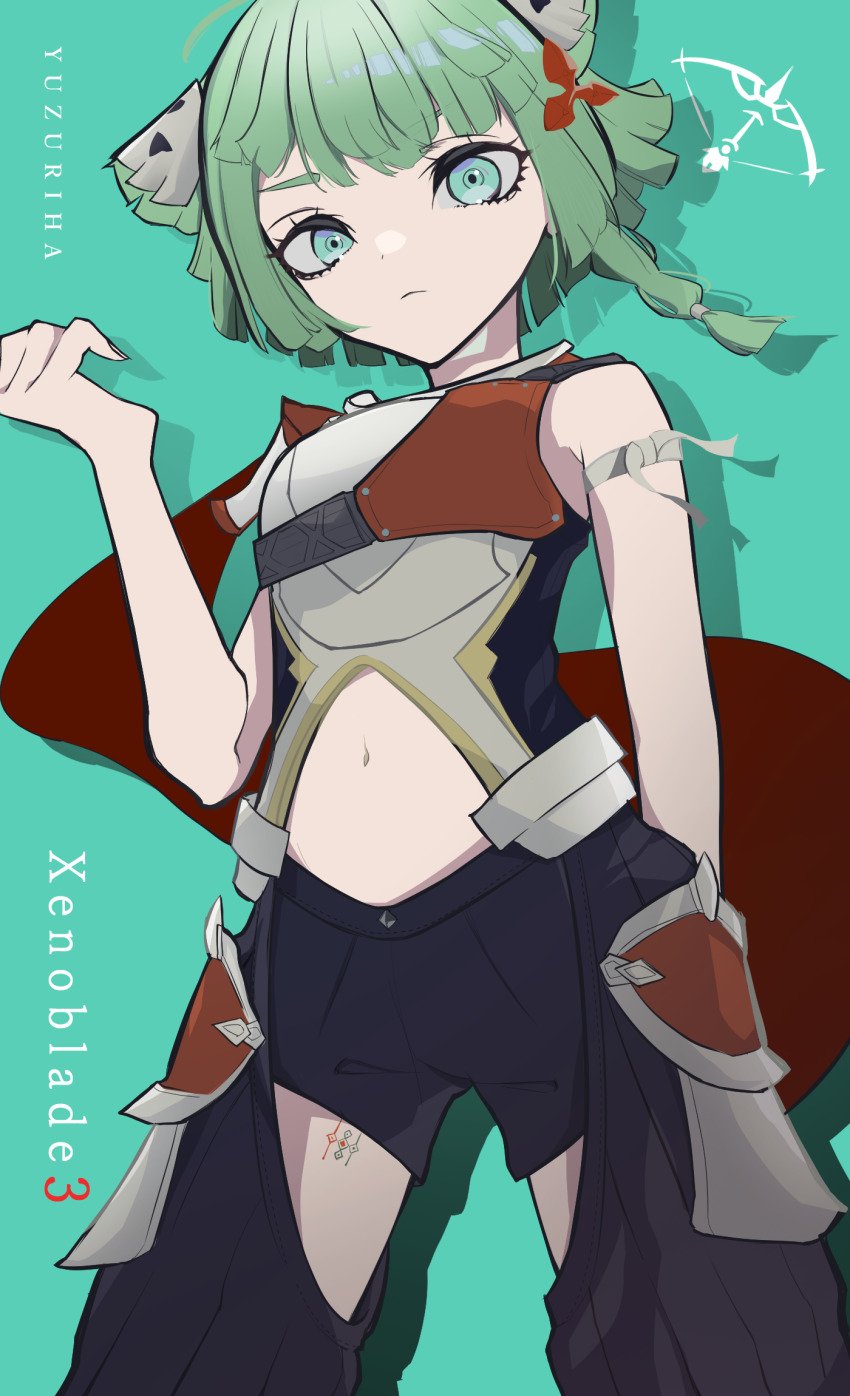1other, androgynous, armor, braid, breastplate, clothing_cutout, gauntlets, green_background