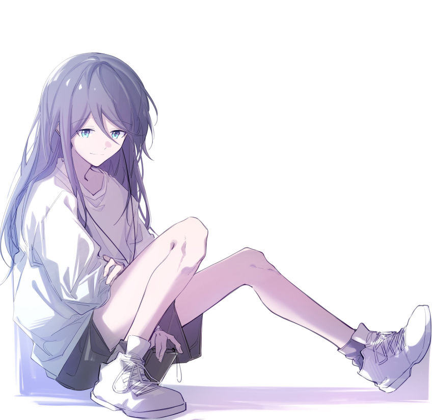 1girl, absurdres, ankle_socks, bare_legs, between_legs, black_hair, black_shorts, blue_eyes