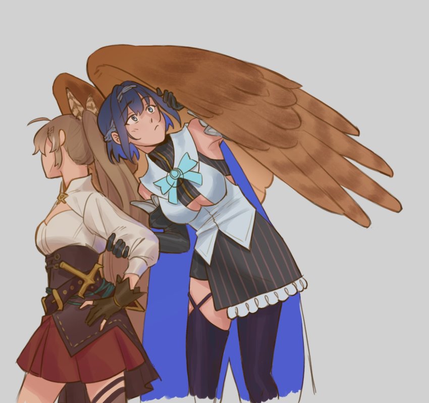 2girls, ahoge, arm_grab, belt, belt_buckle, blue_eyes, blue_hair, bow, bowtie, breasts, brown_hair, buckle, commentary, dagger, detached_sleeves, english_commentary, feather_hair_ornament, feathers, gloves, grey_background, hair_between_eyes, hair_ornament, hands_on_own_hips, highres, hololive, hololive_english, knife, miniskirt, multiple_girls, nanashi_mumei, nanashi_mumei_(1st_costume), ouro_kronii, owl_girl, owl_wings, ponytail, sheath, sheathed, short_hair, simple_background, skirt, spacemakii, thighhighs, virtual_youtuber, weapon, wings