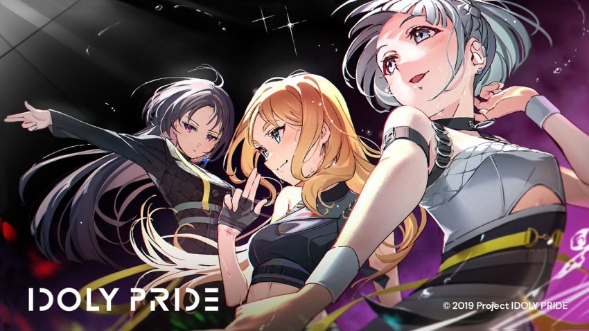 3girls, blonde_hair, earrings, fran_(idoly_pride), green_eyes, grey_hair, guest_art, hotechige