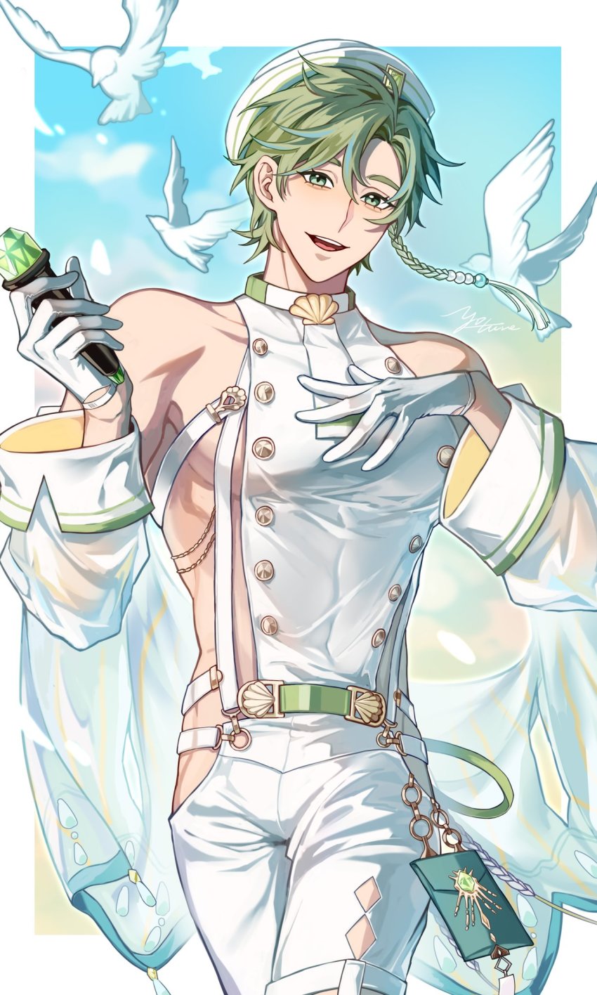 1boy, beads, bird, detached_sleeves, gem, gloves, green_eyes, green_hair