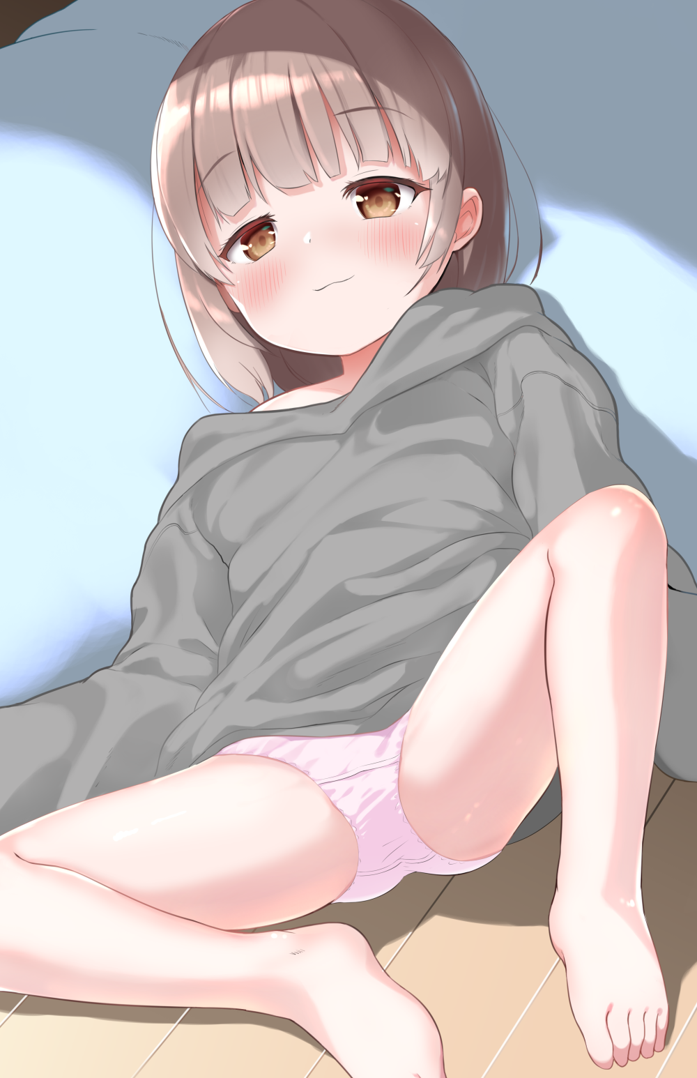 1girl, bare_legs, bare_shoulders, barefoot, bikini, blush, brown_bikini, brown_eyes, brown_hair, closed_mouth, collarbone, female_focus, grey_hoodie, highres, hood, hood_down, hoodie, loli, looking_at_viewer, micro_bikini, navel, no_pants, off_shoulder, original, osatsu, panties, pillow, pink_panties, smile, solo, spread_legs, swimsuit, underwear, wooden_floor
