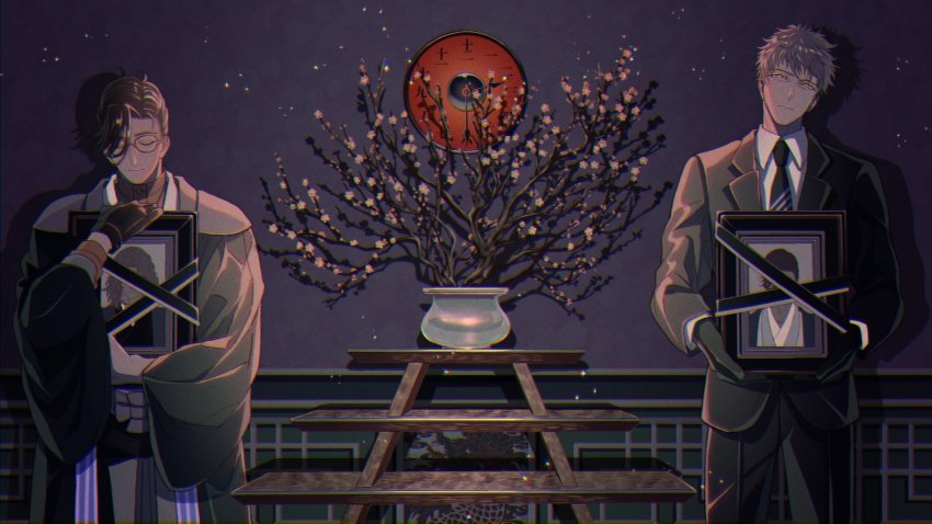 2boys, black_gloves, black_jacket, black_necktie, black_pants, black_suit, blue_hair, brown_hair