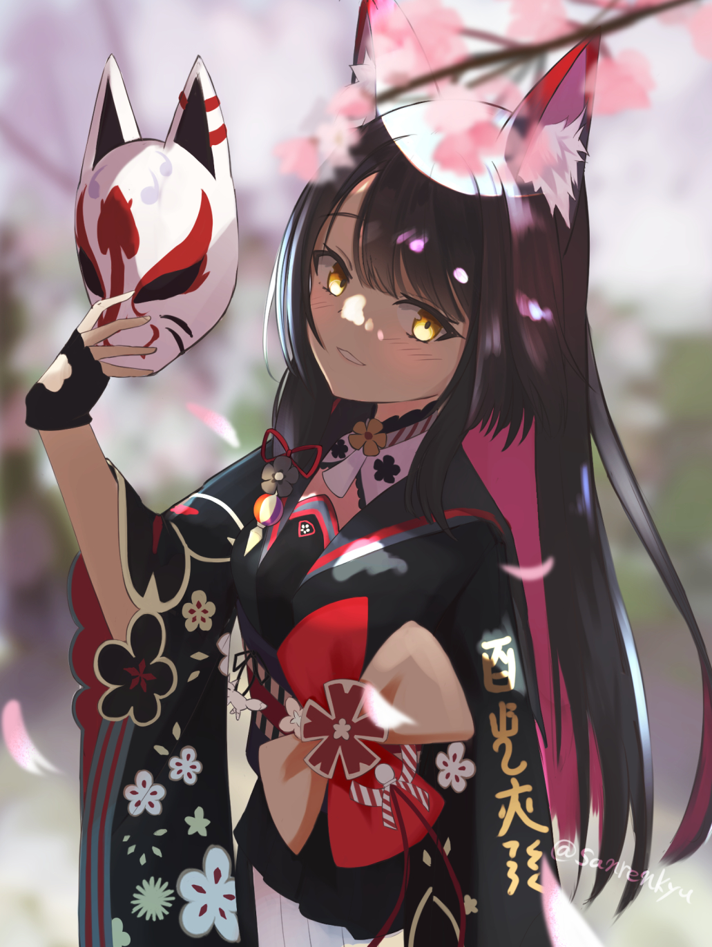 1girl, animal_ear_fluff, animal_ears, asymmetrical_bangs, black_hair, black_kimono, blue_archive, colored_inner_hair