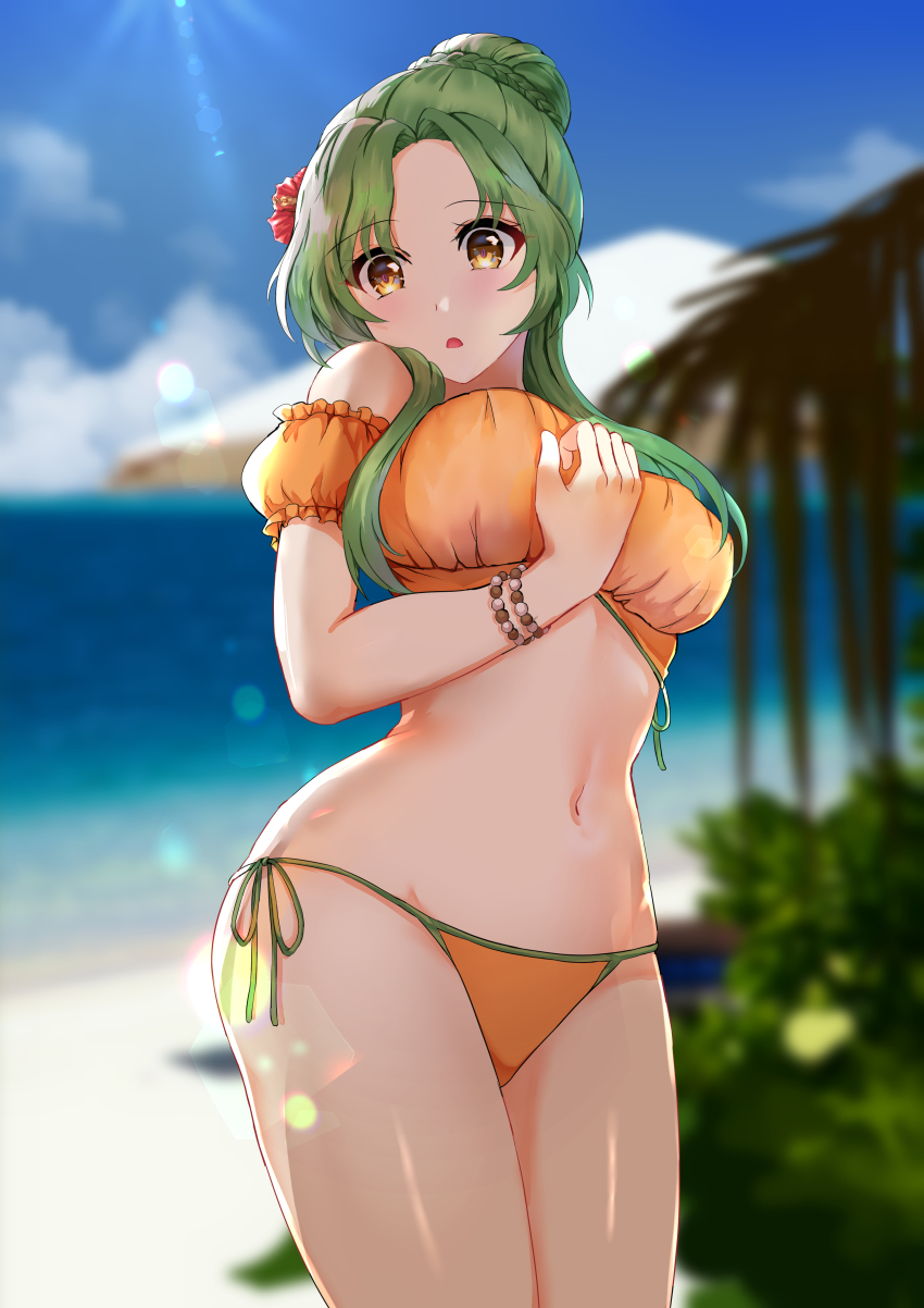 1girl, absurdres, bare_shoulders, bead_bracelet, beads, bikini, blue_sky, blurry, blurry_background, bracelet, breasts, brown_eyes, cloud, cowboy_shot, day, elincia_ridell_crimea, elincia_ridell_crimea_(summer), fire_emblem, fire_emblem:_radiant_dawn, fire_emblem_heroes, flower, green_hair, hair_bun, hair_flower, hair_ornament, highres, jewelry, large_breasts, long_hair, looking_at_viewer, navel, nintendo, ocean, off-shoulder_bikini, off_shoulder, official_alternate_costume, orange_bikini, outdoors, parted_lips, puffy_short_sleeves, puffy_sleeves, red_flower, short_sleeves, side-tie_bikini_bottom, sky, solo, standing, stomach, swimsuit, tara_(szzj7733), thighs, water