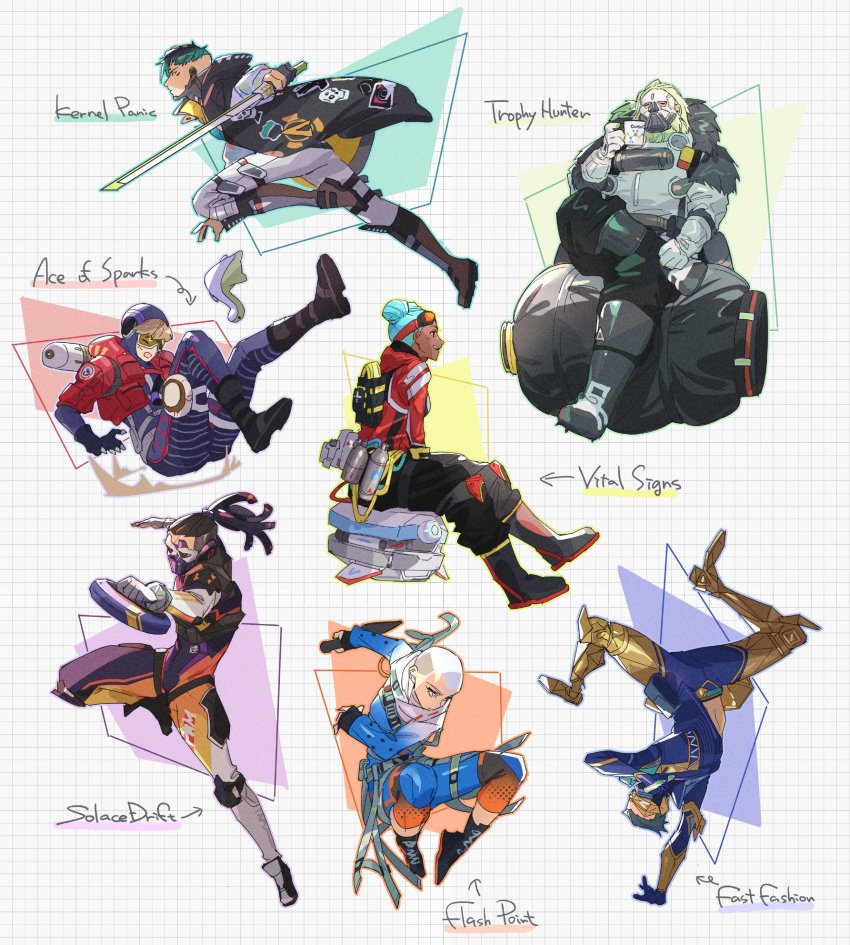 3girls, 4boys, ace_of_sparks_wattson, apex_legends, apex_legends_mobile, bald, bald_female, biwon_blade, black_footwear, black_gloves, black_pants, blue_jacket, bodysuit, boots, brown_hair, caustic_(apex_legends), closed_eyes, crypto_(apex_legends), cup, d.o.c._health_drone, dark-skinned_female, dark_skin, double_bun, fade_(apex_legends), falling, fast_fashion_octane, flashpoint_wraith, gas_mask, gloves, goggles, goggles_on_head, gradient_clothes, gradient_jacket, green_hair, grey_gloves, hair_bun, handstand, highres, holding, holding_sword, holding_weapon, jacket, kernel_panic_crypro, kernel_panic_crypto, lifeline_(apex_legends), looking_down, mask, mug, multiple_boys, multiple_girls, nessie_(respawn), non-humanoid_robot, octane_(apex_legends), official_alternate_costume, open_mouth, pants, purple_bodysuit, purple_headwear, red_jacket, red_vest, robot, rubber_boots, sitting, smile, solace_drift_fade, stuffed_toy, sword, the_trophy_hunter_caustic, thundergotch, trophy_hunter_caustic, vest, vital_signs_lifeline, wattson_(apex_legends), weapon, wraith_(apex_legends)