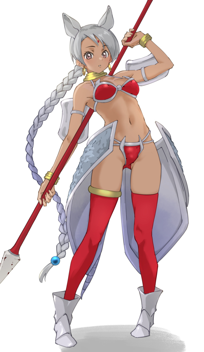 1girl, absurdres, animal_ears, armor, bare_shoulders, beads, bikini_armor, boots