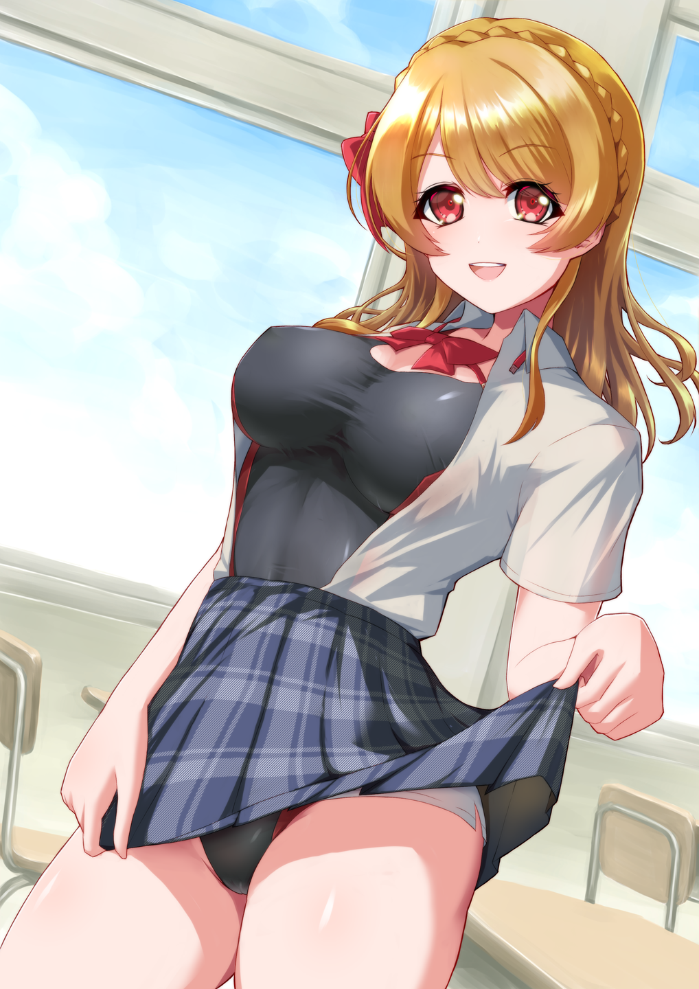 1girl, :d, aimoto_rinku, black_one-piece_swimsuit, blonde_hair, blue_skirt, blue_sky, bow, bowtie, braid, breasts, cameltoe, chair, classroom, clothes_lift, cloud, collared_shirt, commentary_request, competition_swimsuit, covered_erect_nipples, cowboy_shot, crown_braid, d4dj, desk, dress_shirt, dutch_angle, groin, hair_between_eyes, hair_bow, high-waist_skirt, highres, hiraken, indoors, lifting_own_clothes, long_hair, looking_at_viewer, medium_breasts, one-piece_swimsuit, open_clothes, open_mouth, open_shirt, plaid_clothes, plaid_skirt, red_bow, red_bowtie, red_eyes, school_chair, school_desk, school_uniform, see-through_clothes, shirt, shirt_tucked_in, short_sleeves, sidelocks, skirt, skirt_lift, sky, smile, solo, standing, swimsuit, swimsuit_under_clothes, teeth, upper_teeth_only, white_shirt, window