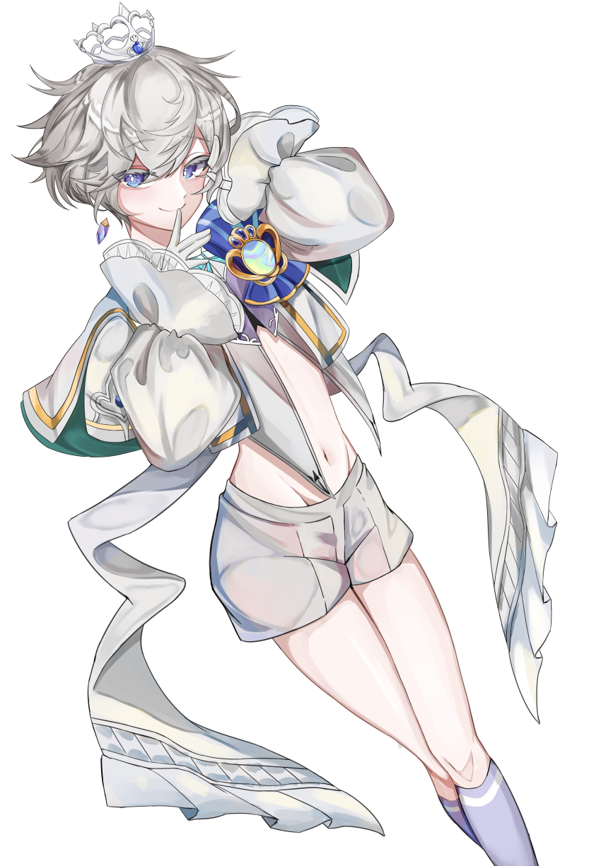 1boy, absurdres, bishounen, blue_eyes, blush, child, closed_mouth, coat, crown, earrings, edel_eckerd, finger_to_mouth, floating_earrings, gloves, grey_hair, highres, hoshitukakasumi, jewelry, kimamani_live, long_sleeves, male_focus, short_hair, shorts, shushing, socks, solo, trap, virtual_youtuber