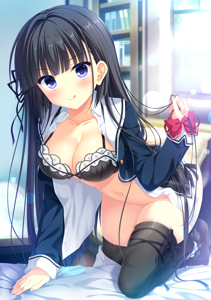 1girl, :p, absurdres, black_bra, black_hair, black_jacket, black_thighhighs, blunt_bangs