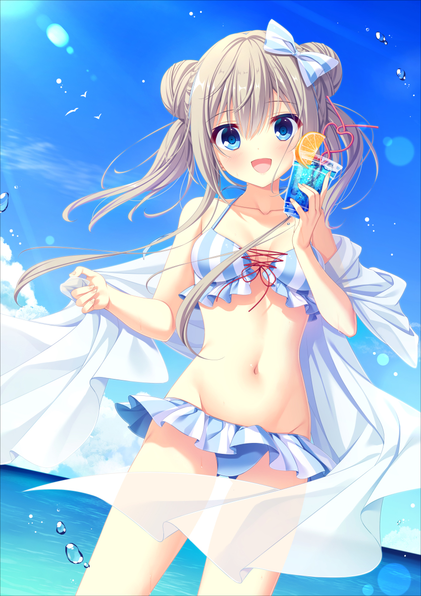 1girl, :d, absurdres, bikini, bikini_skirt, blue_bikini, blue_eyes, blue_sky
