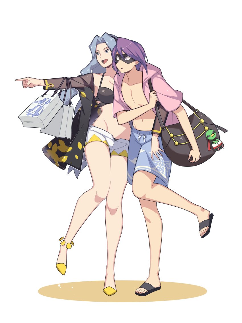 1boy, 1girl, :d, absurdres, alternate_costume, bag, bellossom, bikini
