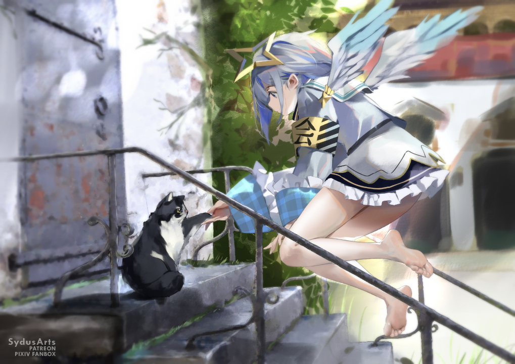 1girl, amane_kanata, amane_kanata_(1st_costume), angel, angel_wings, asymmetrical_hair, bare_legs, barefoot, blue_hair, blue_wings, christ_signboard, colored_inner_hair, feathered_wings, feet, gradient_wings, grey_hair, hair_ornament, hairclip, halo, holoforce, hololive, multicolored_hair, multicolored_wings, purple_eyes, short_hair, single_hair_intake, soles, star_halo, streaked_hair, sydus, virtual_youtuber, white_wings, wings