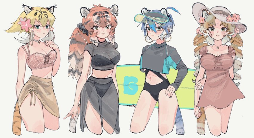 4girls, alternate_costume, alternate_hairstyle, animal_ears, animal_print, bikini, black_bikini, black_hair