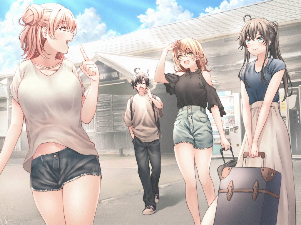 1boy, 3girls, alternate_hairstyle, backpack, bag, black_hair, black_pants, black_shirt, black_shorts, blue_eyes, blue_shirt, blue_shorts, blue_sky, brown_eyes, brown_hair, building, casual, clothing_cutout, cloud, commentary_request, hair_bun, hair_ornament, hair_scrunchie, hikigaya_hachiman, holding_luggage, isshiki_iroha, long_hair, luggage, medium_hair, multiple_girls, navel, outdoors, pants, pink_hair, ponytail, red_hayao, rolling_suitcase, scrunchie, shirt, short_hair, short_shorts, short_sleeves, shorts, shoulder_cutout, sidelocks, single_hair_bun, single_side_bun, skirt, sky, smile, suitcase, vending_machine, white_shirt, white_skirt, yahari_ore_no_seishun_lovecome_wa_machigatteiru., yawning, yellow_eyes, yuigahama_yui, yukinoshita_yukino