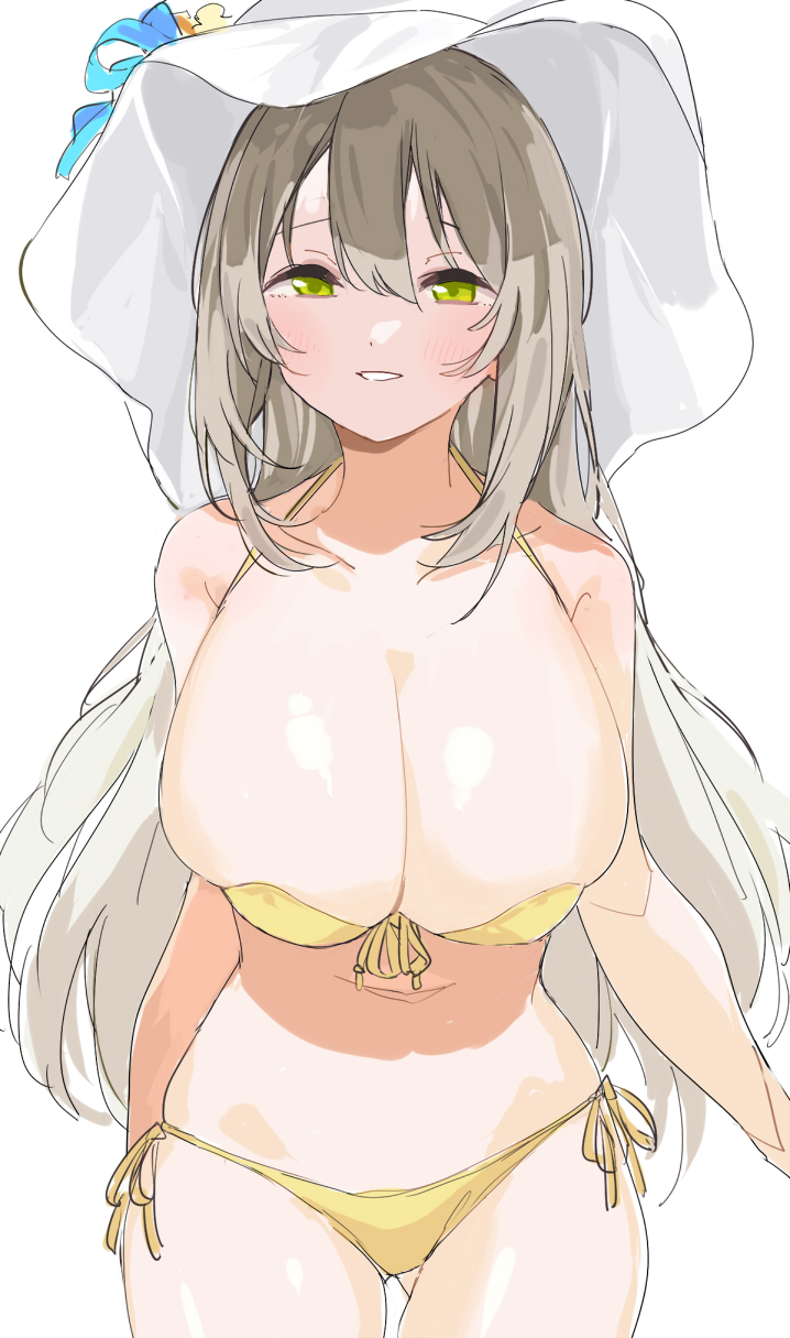 1girl, bikini, blue_archive, blue_ribbon, breasts, collarbone, commentary_request, flower