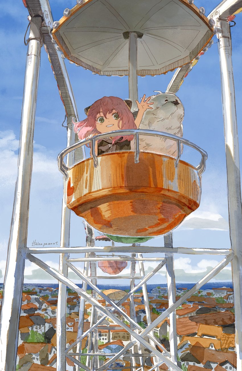 1girl, animal, anya_(spy_x_family), arm_up, bond_(spy_x_family), building, child, cloud, commentary, day, dog, english_commentary, ferris_wheel, floating_hair, great_pyrenees, green_eyes, hair_ornament, hairpods, helenpeanut, highres, house, looking_at_viewer, medium_hair, outdoors, pink_hair, signature, smile, spy_x_family, waving, white_dog