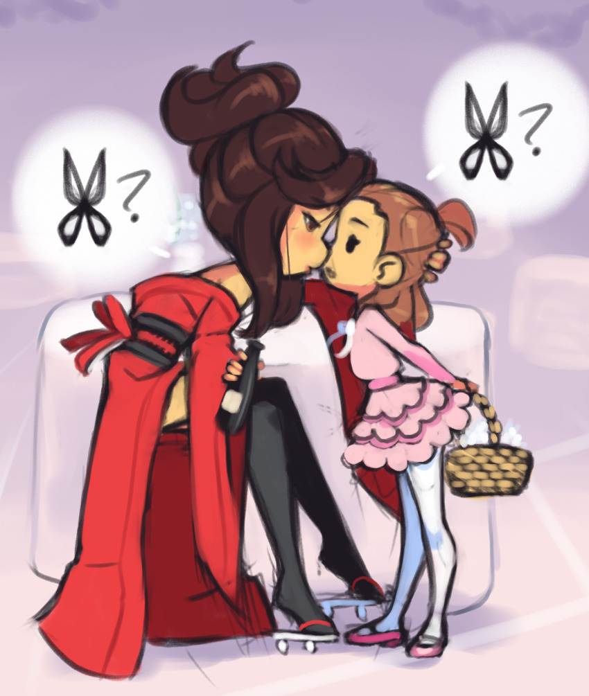 2girls, ?, age_difference, basket, black_eyes, black_thighhighs, blush, bottle, brown_eyes, brown_hair, drantyno, dress, hair_bun, highres, holding, japanese_clothes, kimono, long_sleeves, multiple_girls, obi, off_shoulder, older_female_and_younger_female, onee-loli, original, pantyhose, pink_dress, pink_shoes, pointy_ears, red_kimono, rq_(ryuhi), sandals, sash, scissors, sexually_suggestive, shoes, thighhighs, white_pantyhose, white_sandals, wide_sleeves, yuri