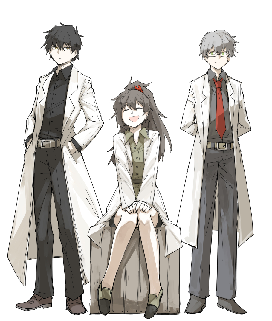 1girl, 2boys, arms_behind_back, ayin_(project_moon), belt, benjamin_(project_moon), black_hair, black_pants, black_shirt, brown_footwear, buttons, carmen_(project_moon), collared_shirt, expressionless, closed_eyes, full_body, green_eyes, green_shirt, grey_hair, grey_shirt, hands_in_pockets, kankan33333, knees_together_feet_apart, lab_coat, lobotomy_corporation, long_hair, long_sleeves, looking_at_viewer, looking_to_the_side, multiple_boys, necktie, non-web_source, open_mouth, pants, ponytail, project_moon, shirt, shoes, short_hair, sitting, sketch, smile, standing, yellow_eyes