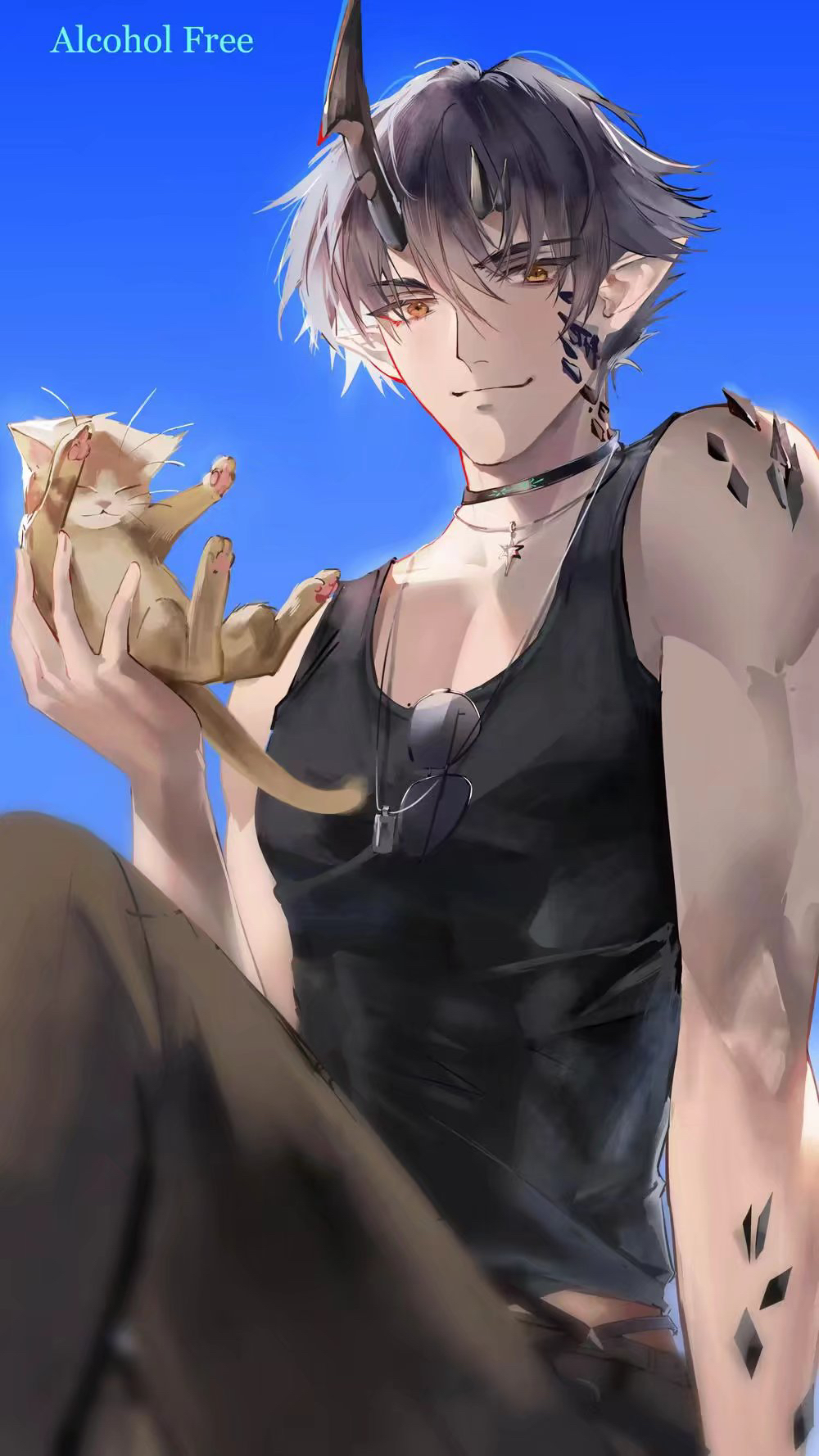 1boy, animal, arknights, bare_arms, black_choker, black_hair, black_pants, black_tank_top