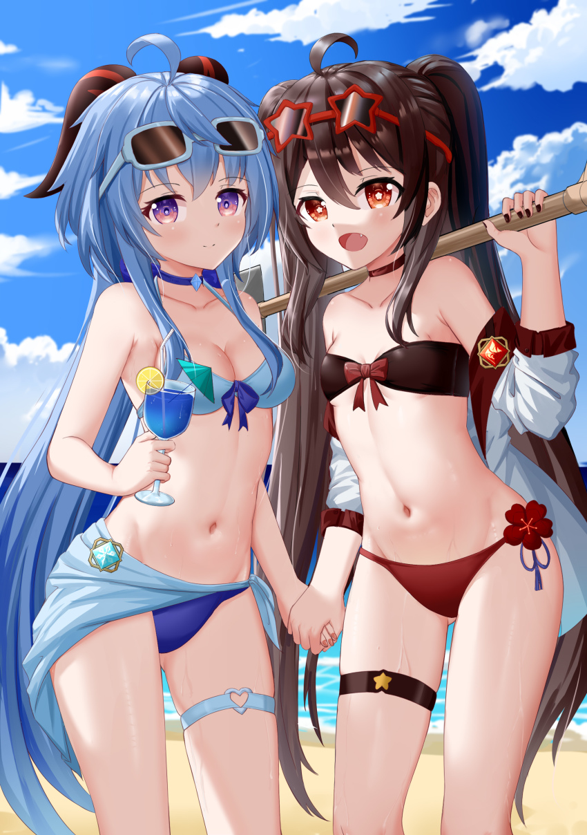 2girls, :d, absurdres, ahoge, alternate_costume, armpits, bare_shoulders, beach