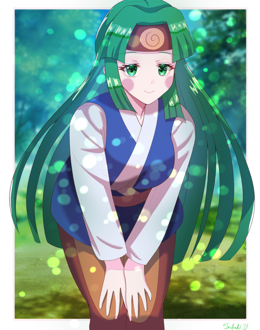 1girl, absurdres, belt, blue_tunic, blurry, blurry_background, blush_stickers, brown_belt