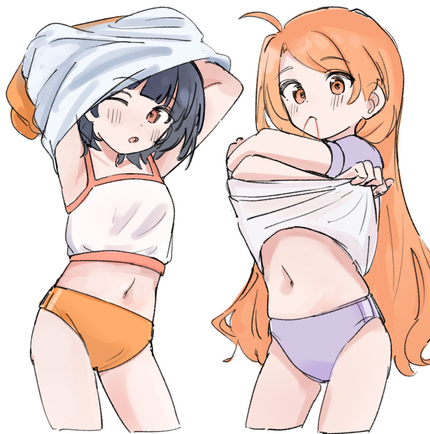 2girls, :<, ;o, absurdres, ahoge, armpits, arms_up, black_hair, blunt_ends, blush, buruma, closed_mouth, clothes_lift, contrapposto, cowboy_shot, crop_top, cropped_legs, crossed_arms, dot_nose, expressionless, film_grain, gym_shirt, gym_uniform, hair_behind_ear, hair_tie_in_mouth, hands_up, highres, idolmaster, idolmaster_million_live!, lifting_own_clothes, long_hair, looking_at_viewer, looking_to_the_side, meeeeeeco359, midriff, mouth_hold, multiple_girls, nakatani_iku, navel, ogami_tamaki, one_eye_closed, orange_buruma, orange_eyes, orange_hair, parted_bangs, parted_lips, puffy_short_sleeves, puffy_sleeves, purple_buruma, raglan_sleeves, red_eyes, shirt, shirt_lift, unworn_shirt, short_hair, short_sleeves, simple_background, skindentation, sleeveless, standing, stomach, undershirt, underwear, undressing, very_long_hair, white_background, white_shirt