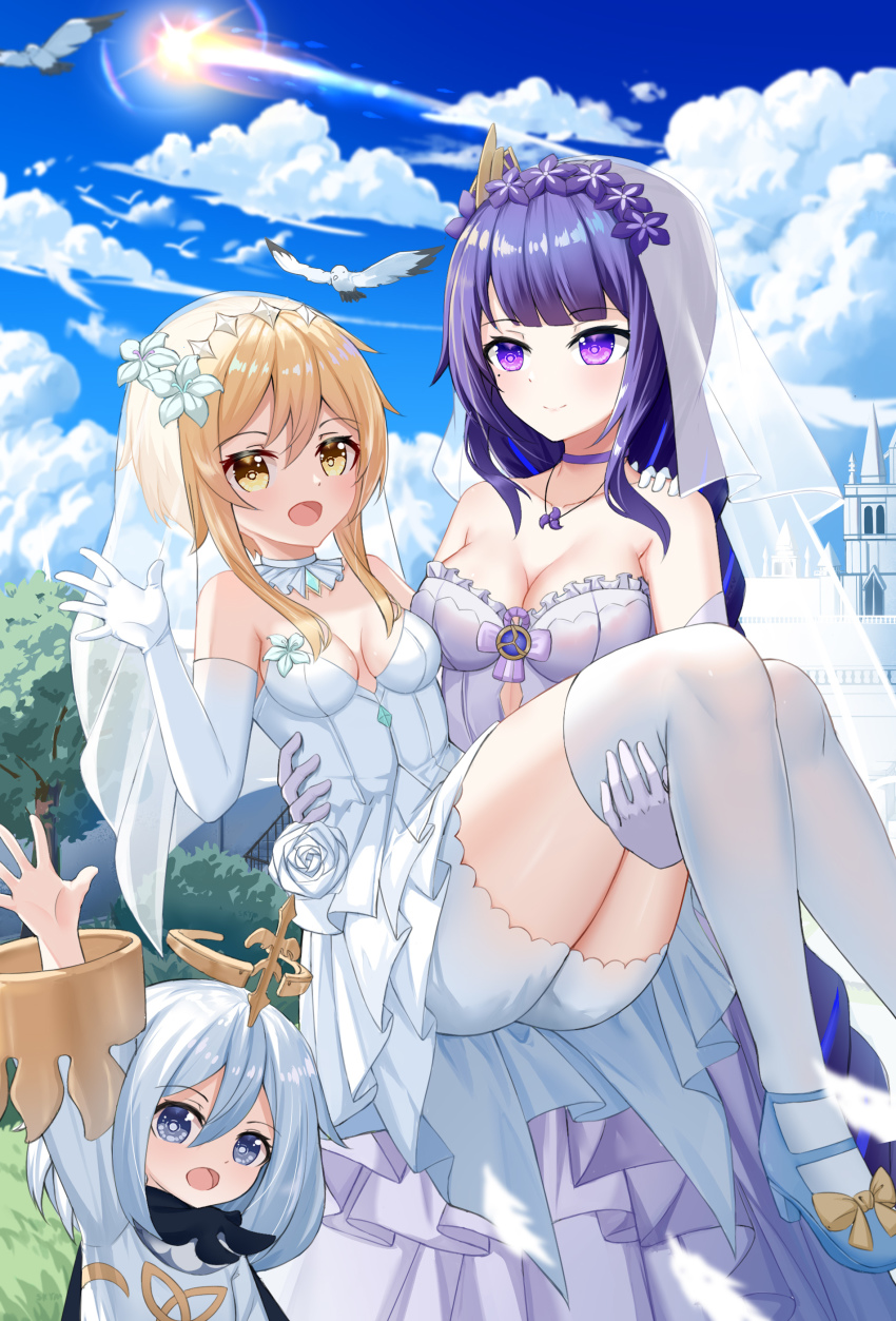 3girls, absurdres, alternate_costume, arm_under_breasts, armpits, ass, bare_shoulders, bird, blonde_hair, blue_sky, blunt_bangs, braid, breasts, bridal_veil, carrying, carrying_person, castle, choker, cleavage, cloud, cloudy_sky, collarbone, comet, commentary_request, dress, elbow_gloves, female_focus, flower, genshin_impact, gloves, grey_eyes, hair_between_eyes, hair_flower, hair_ornament, halo, highres, jewelry, lily_(flower), long_hair, long_sleeves, looking_at_viewer, low_ponytail, lumine_(genshin_impact), mechanical_halo, multiple_girls, necklace, paimon_(genshin_impact), ponytail, princess_carry, purple_eyes, purple_hair, raiden_shogun, short_hair, short_hair_with_long_locks, sidelocks, single_braid, sky, skym_(kumei), sleeveless, thighhighs, veil, waving, wedding_dress, white_dress, white_flower, white_gloves, white_hair, white_legwear, yellow_eyes, yuri, zettai_ryouiki