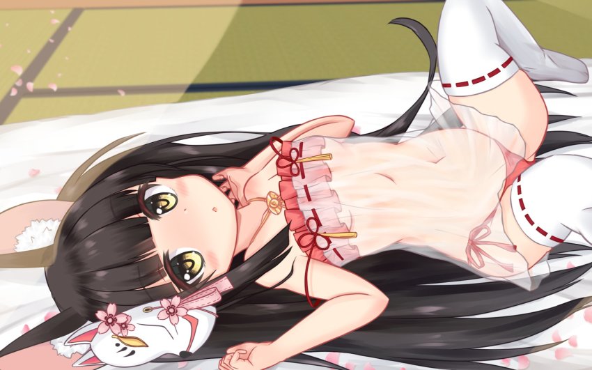 1girl, animal_ear_fluff, animal_ears, azur_lane, black_hair, blunt_bangs, blush, brown_eyes, camisole, commission, female_focus, fox_ears, fox_girl, fox_mask, futon, highres, i3, jewelry, knee_up, legs, loli, long_hair, looking_at_viewer, lying, mask, mask_on_head, nagato_(azur_lane), nagato_(great_fox's_respite)_(azur_lane), navel, necklace, no_shoes, on_back, panties, red_camisole, red_panties, see-through_clothes, side-tie_panties, skeb_commission, solo, spread_legs, tatami, thighhighs, thighs, underwear, underwear_only, white_thighhighs