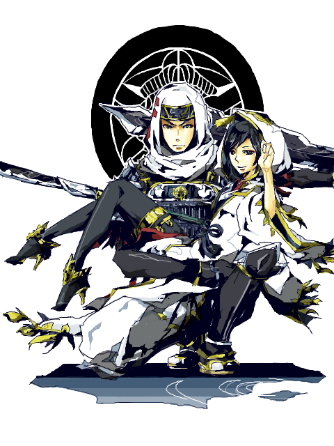 1boy, 1girl, armor, aya_(sengoku_musou), black_eyes, black_hair, brother_and_sister, carrying