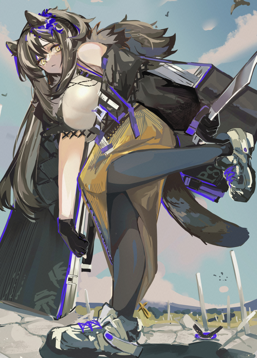 1girl, absurdres, animal_ears, arknights, bag, black_gloves, black_jacket, blue_sky