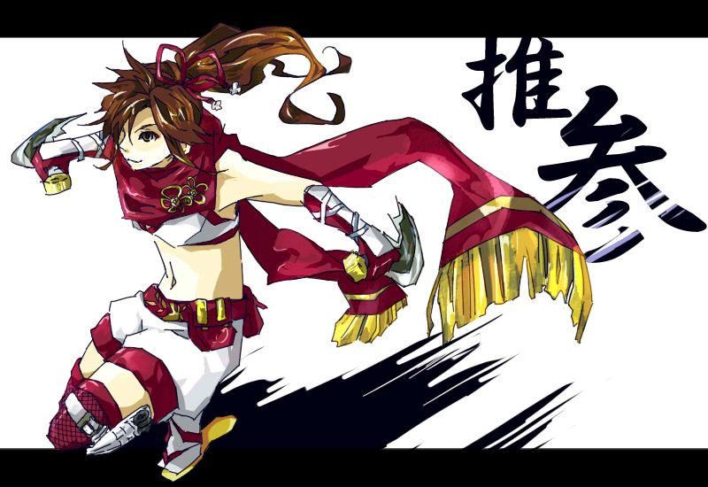 1girl, brown_eyes, brown_hair, female_focus, full_body, kunoichi_(sengoku_musou), long_hair, midriff, murasaki_(pixiv1118025), ponytail, sandals, scarf, sengoku_musou, sengoku_musou_3, shorts, solo, squatting, thighhighs, white_background