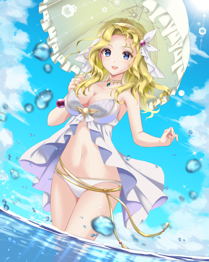1girl, :d, alternate_costume, bikini, blonde_hair, blue_eyes, blue_sky, breasts