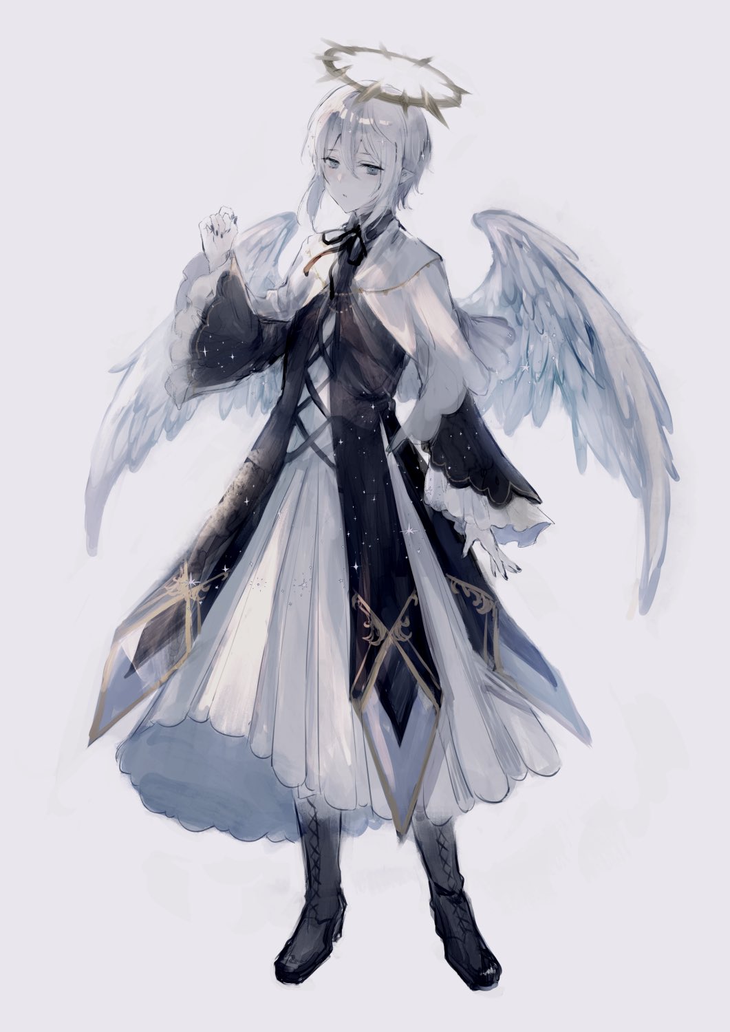 1boy, androgynous, angel, angel_wings, black_boots, boots, colored_skin, dress