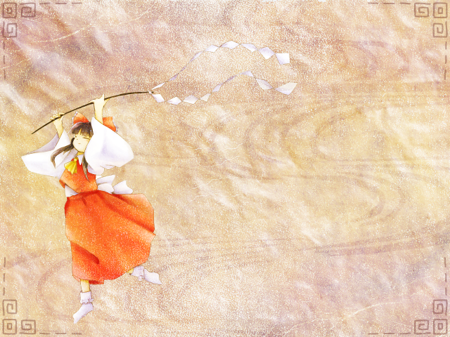 1girl, abstract_background, arms_up, ascot, blunt_bangs, bobby_socks, bow, brown_hair, closed_eyes, commentary_request, frilled_bow, frilled_socks, frills, from_side, full_body, gohei, hair_bow, hakurei_reimu, komeiji_kanade, long_hair, long_skirt, long_sleeves, negative_space, nontraditional_miko, orange_background, paper_texture, red_bow, red_skirt, red_vest, sidelocks, skirt, skirt_set, socks, solo, standing, standing_on_one_leg, touhou, vest, white_sleeves, white_socks, wide_sleeves, yellow_ascot, zun_(style)