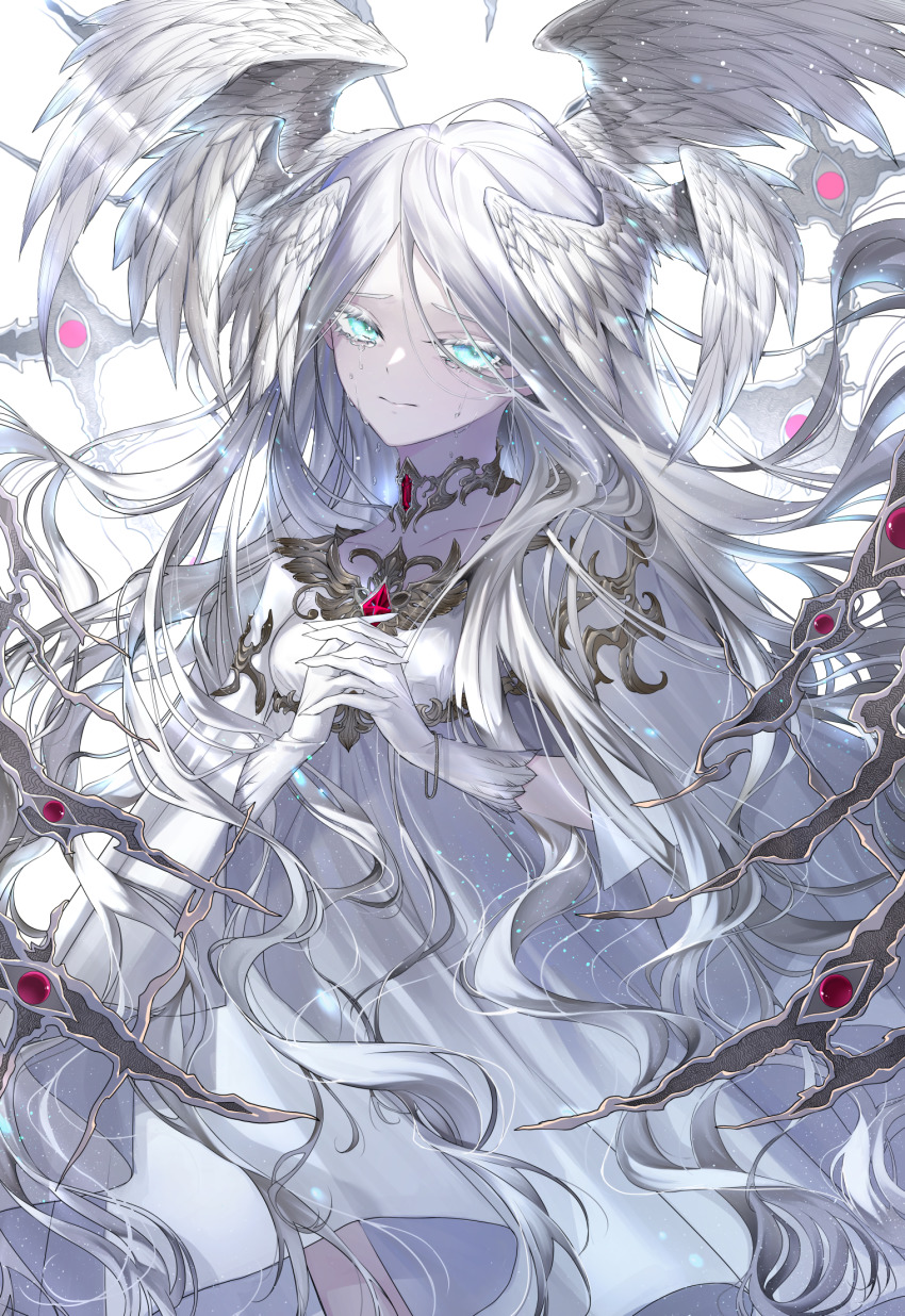 angel, angel_wings, blue_eyes, bracelet, chocolate4170615, crying, crying_with_eyes_open, dress, extra_eyes, gloves, grey_hair, head_wings, highres, jewelry, long_hair, looking_at_viewer, multiple_wings, original, solo, tears, very_long_hair, white_background, wings
