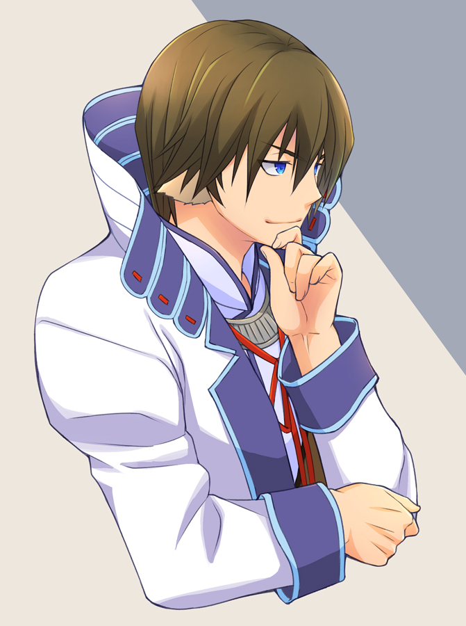 1boy, animal_ears, aquaplus, blue_eyes, brown_hair, closed_mouth, coat, finger_to_mouth