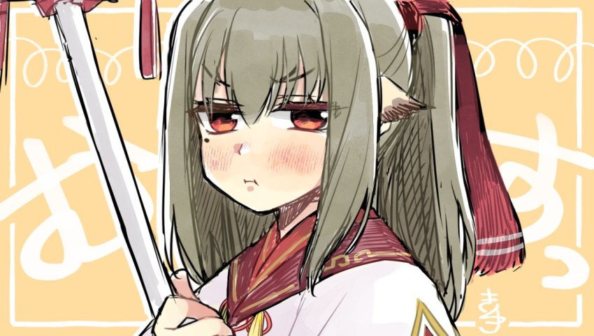 1girl, ainu_clothes, animal_ears, aquaplus, blush, brown_hair, closed_mouth, dress