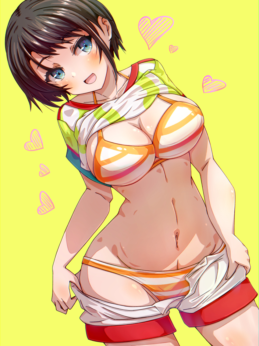 1girl, aqua_eyes, bikini, black_hair, blue_eyes, blush, breasts, clothes_pull, heart_(symbol), highres, hololive, large_breasts, oozora_subaru, public_indecency, qwq_oekaki, shirt_pull, short_hair, shorts, shorts_pull, simple_background, swimsuit, tomboy, virtual_youtuber