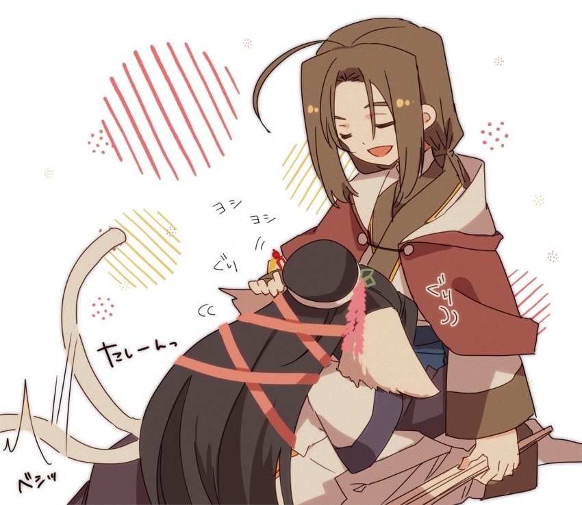 1boy, 1girl, absurdly_long_hair, ahoge, ainu_clothes, animal_ears, aquaplus, black_hair, brown_hair, cat_tail, closed_eyes, from_side, haku_(utawarerumono), hand_fan, holding, holding_fan, holding_weapon, hood, hood_down, io_zata, kuon_(utawarerumono), layered_sleeves, long_hair, long_sleeves, medium_hair, open_mouth, ponytail, tail, tail_wagging, translation_request, utawarerumono, utawarerumono:_itsuwari_no_kamen, very_long_hair, weapon, white_tail, wide_sleeves