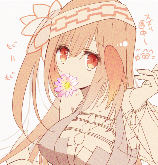 1girl, ainu_clothes, animal_ears, aquaplus, arm_up, bare_shoulders, blonde_hair, breasts, cleavage, cleavage_cutout, clothing_cutout, collarbone, covered_erect_nipples, flower, flower_in_mouth, hair_between_eyes, hair_over_shoulder, hairband, io_zata, large_breasts, long_hair, raised_eyebrows, red_eyes, sidelocks, solo, suzuri_(utawarerumono:_lost_flag), swimsuit, translation_request, upper_body, utawarerumono, utawarerumono:_lost_flag, very_long_hair