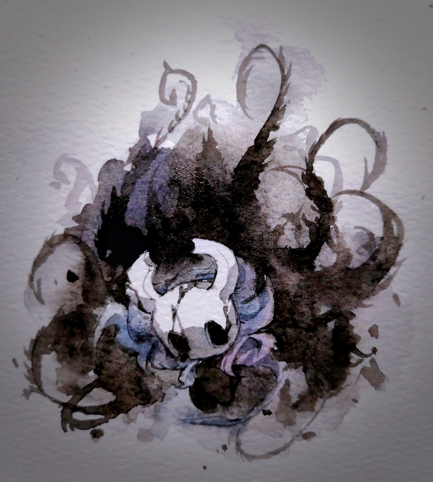 1other, absurdres, blue_cloak, chinese_commentary, cloak, commentary_request, cracked_skin, darkness, funeralll_black, grey_background, highres, hollow_eyes, hollow_knight, knight_(hollow_knight), mask, no_humans, painting_(medium), photo_(medium), simple_background, solo, tentacles, traditional_media, watercolor_(medium)